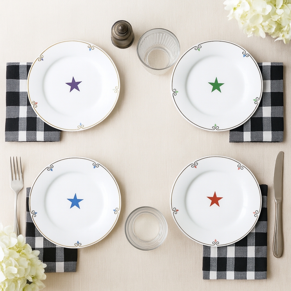 Pier 1 Celebration Star Plates – Set of 4 (Red, Blue, Green, Purple) – Porcelain
